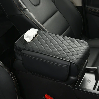 Armrest box pad, Leather, Widened and Thickened, Universal - black-8cm-heightening-pad-storage-bags-on-both-sides-tissue-box