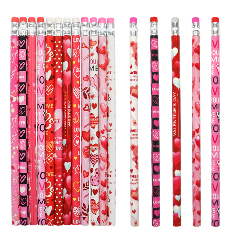 跨境热销铅笔情人节hb铅笔粉色爱心带橡皮小学生儿童学习卡通铅笔