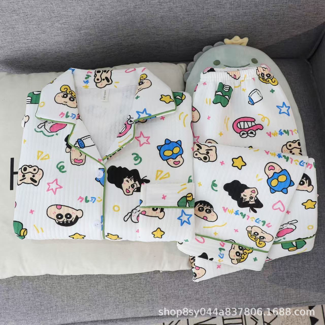 秋冬新款睡衣女仿棉空气夹层卡通甜美开衫长袖长款家居服套装批发