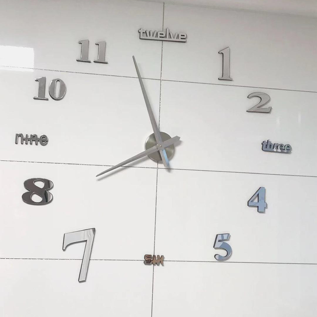 新款免打孔大号时钟墙贴DIY家用办公钟表装饰客厅立体镜面壁钟