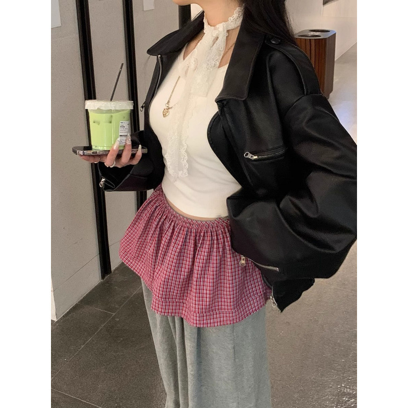 ニッチなデザインの甘いチェック柄の女性用スカート、春のショート二重層タイアップスカート|undefined