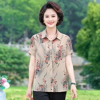2025夏季新款奶奶装洋气上衣衬衫中老年妈妈女装冰丝雪纺短袖衬衣