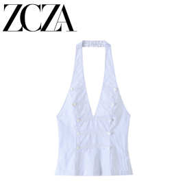 ZCZA 自制 欧美风 新款女装 时尚 百搭纽扣装饰挂脖领上衣3152003