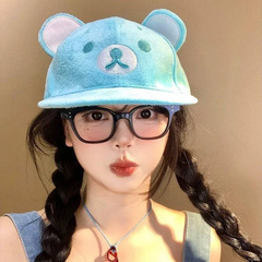 耳付きかわいいクマ、つばの平らな野球帽、女性用漫画の顔が見える小さな日焼け止め帽子、ひさし付きキャップ、サンシェード、ミント
