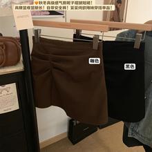加厚毛呢半身裙女大码2025秋冬高腰显瘦褶皱包臀短裙a字开叉裙裤