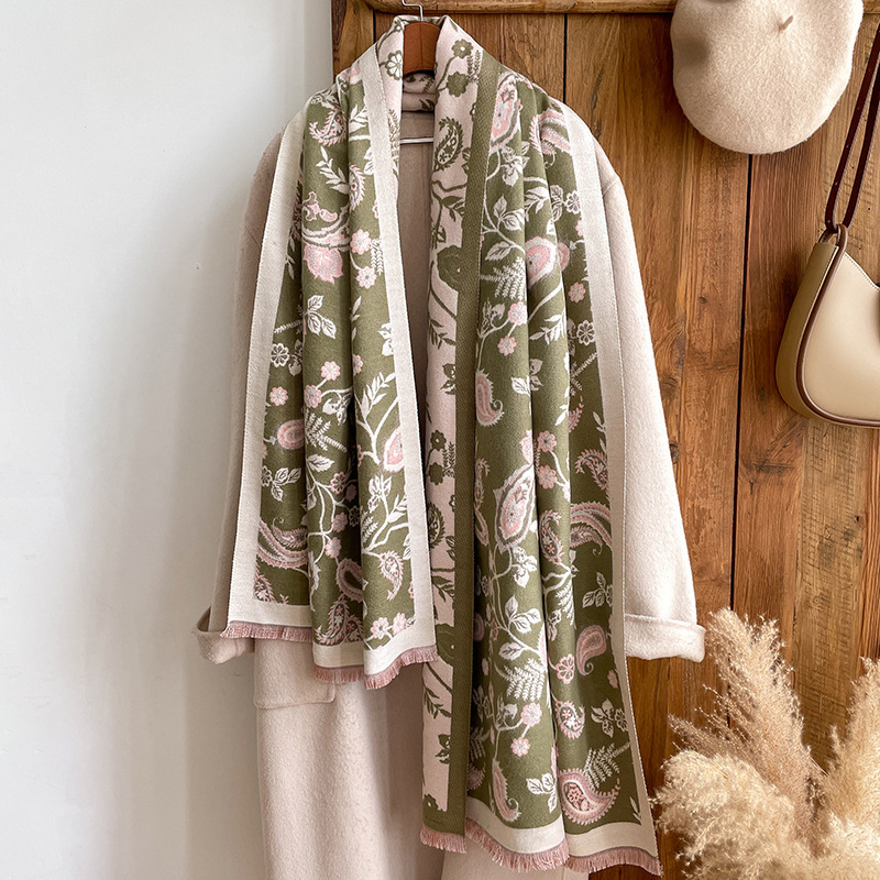 Nuevo estilo étnico Flor de anacardo artístico versátil bufanda de Cachemira de doble cara otoño e invierno cálido aire acondicionado bufanda