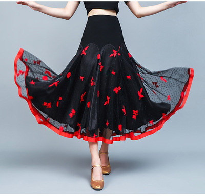 Black Polka dot with red flowers ballroom dancing skirts for women girls modern dance waltz tango dance costumes for lady