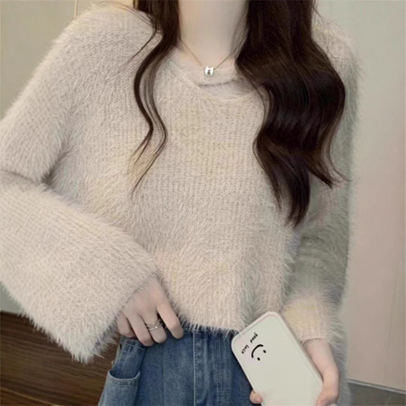 가을 겨울 신상 모조 밍크 융 소프트 찰기 니트 여성 긴 소매 나른한 바람