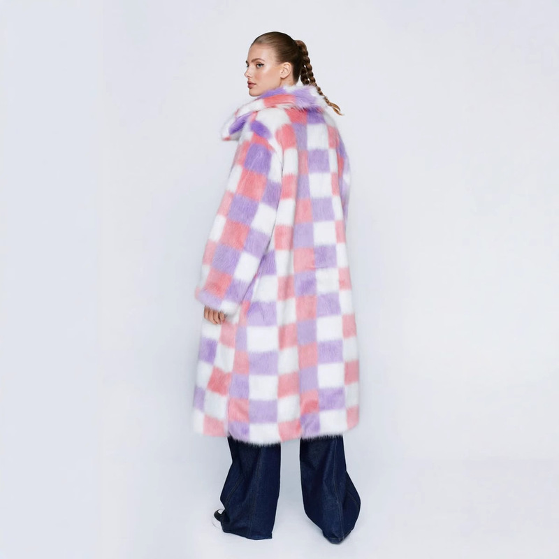 Cross-border foreign trade women's long imitation fur plaid jacket European and American fashion square collar long sleeve coat fur warm jacket Cross-border foreign trade women's long imitation fur plaid jacket European and American fashion square collar long sleeve coat fur warm jacket
