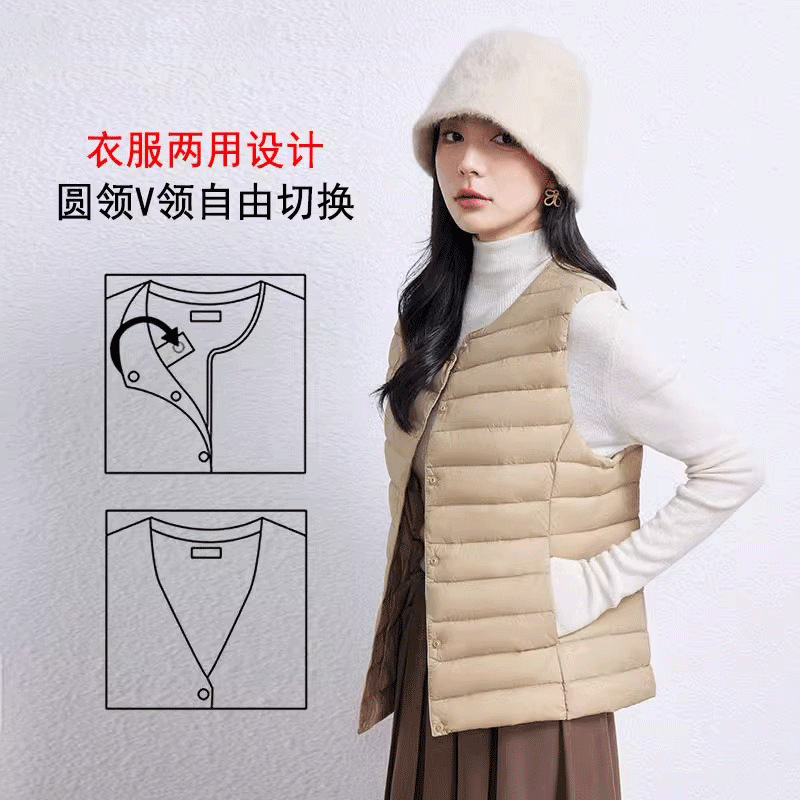 Otoño plumado ligero damas no cuello V chaleco blanco chaleco interior de caballo clip de hombro con chaqueta de base