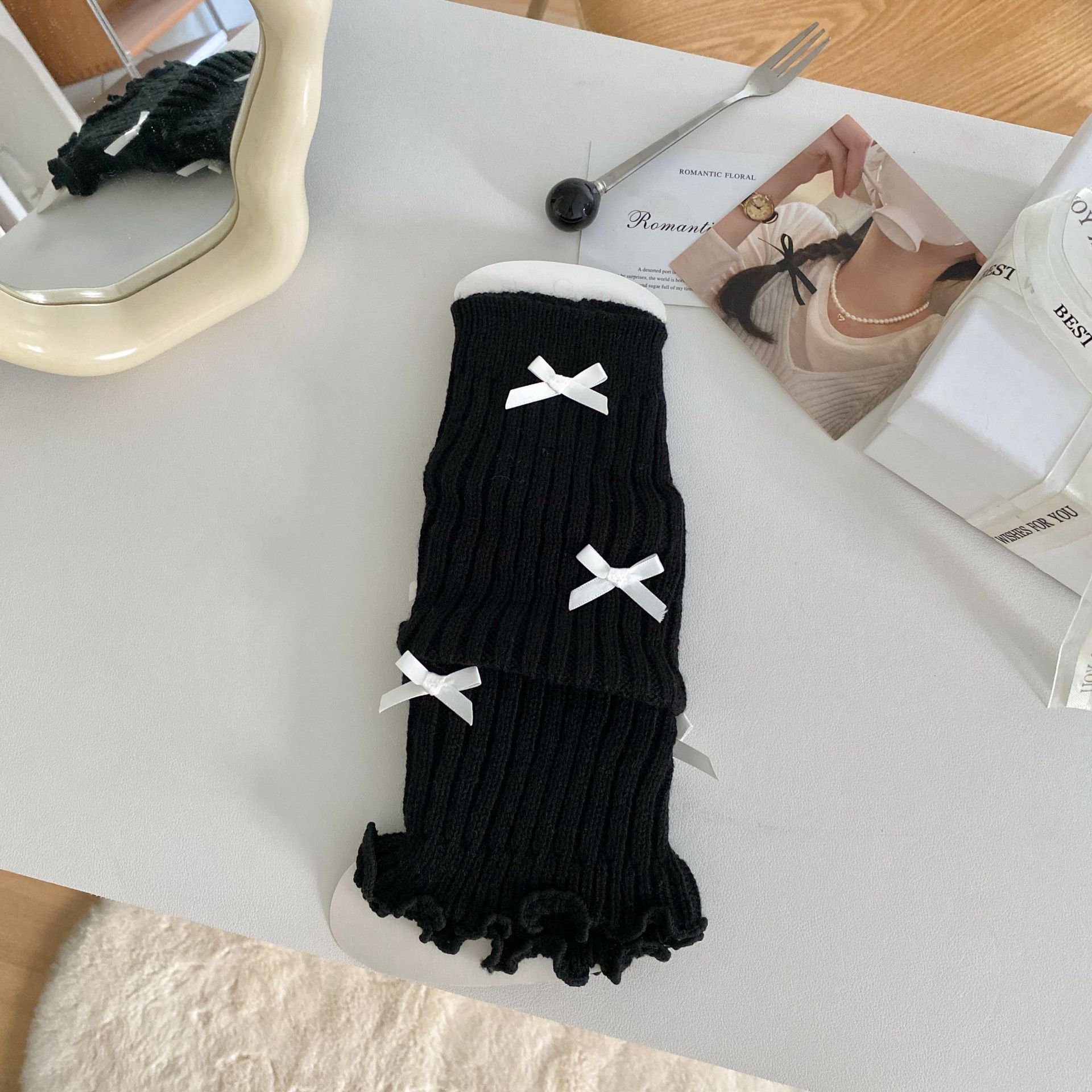 Scaldamuscoli Calzini in cotone per donna Calzini in pile lavorato a maglia Primavera e autunno Leggings bianchi autunnali e invernali con fiocco a tubo medio_voghion.com