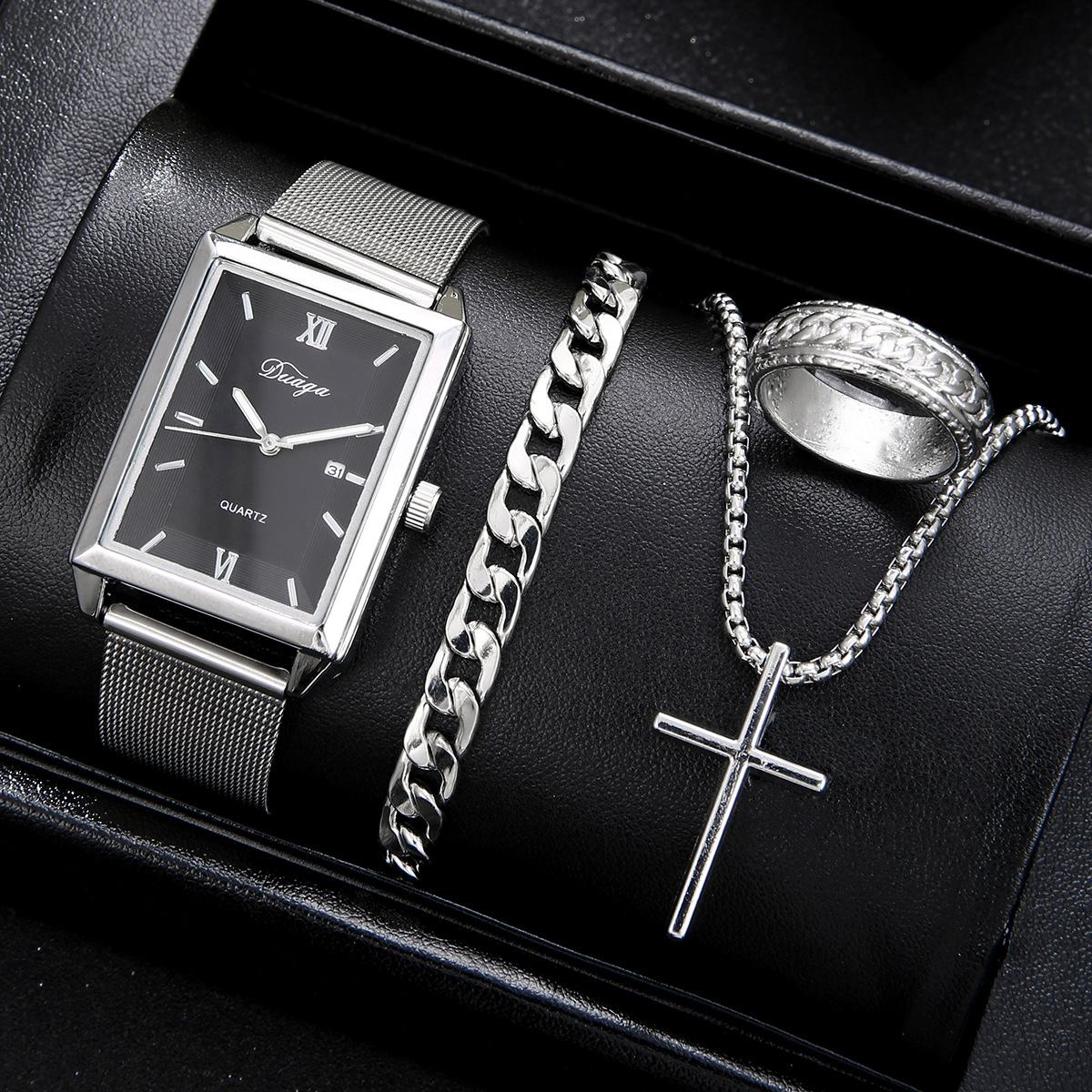 2025 Cross-Border Hot Selling Business Casual Mesh Belt Watch Square Decorative Alloy Quartz Watch Cross Jewelry Set