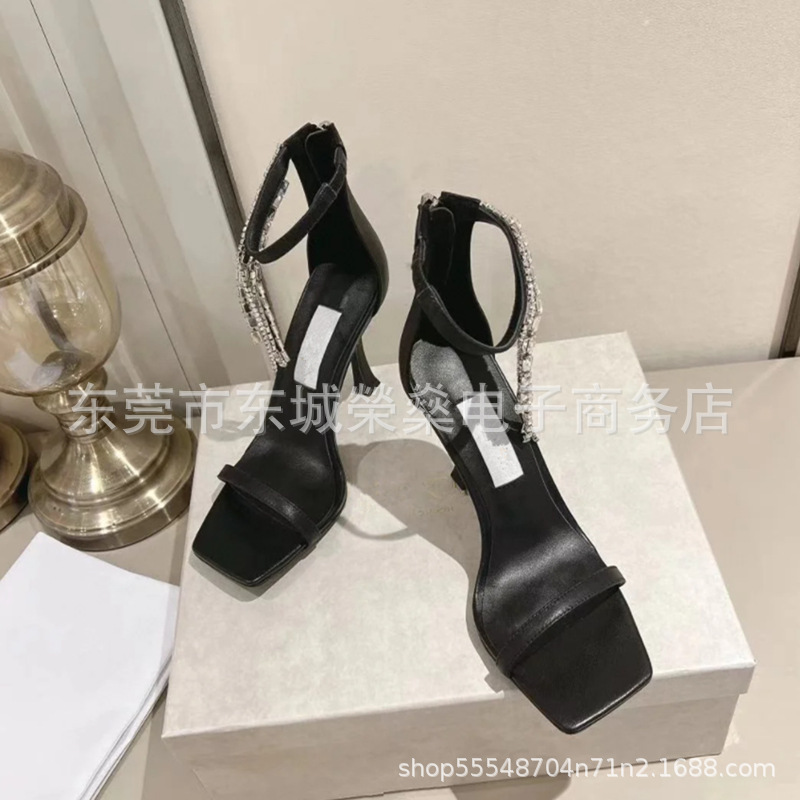 Spring and Summer 2025 New Leather Square Hollow All-match Fairy Rhinestone Sexy Stiletto Heel Sandals with High Heels