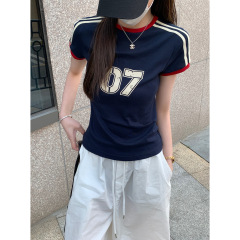 跨境外贸2025夏季韩版气质修身撞色杠条美式数字印花短袖T恤上衣