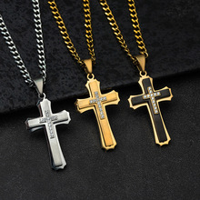 外贸热卖钛钢项链不锈钢男士多层十字架带钻锆石吊坠欧美流行饰品
