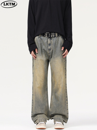 LKTM Men's Apparel #American Retro Distressed Yellow Clay Dye Deconstructed Jeans Men's Trendy Loose Casual Slit Long Pants