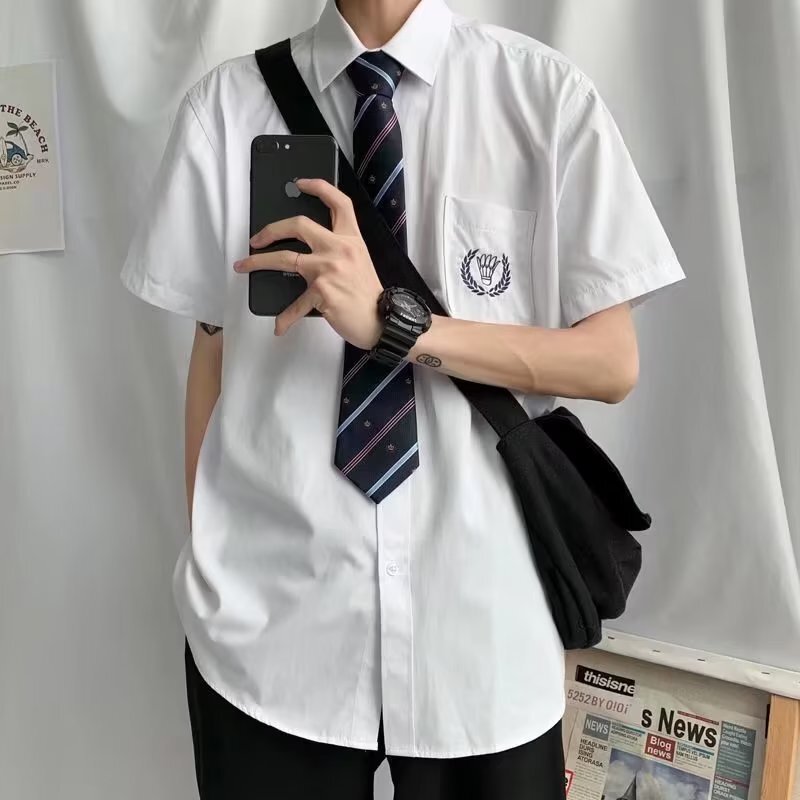 Hong Kong Style Handsome Men's Short-sleeved White Shirt Graduation Photo Couple's Clothing DK Class Uniform College Style Embroidered Tie Shirt