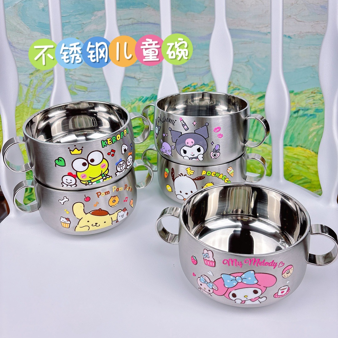 Cartoon 316 Kidsren's Stainless Steel Bowl Double-Layer Thickeneded Cinnamon Stitch Baby Bowl Anti-Fall and Anti-Scalding Double-Eared Soup Bowl