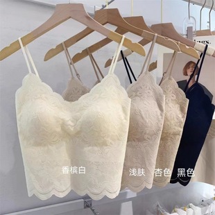 New French Style Lace Thin Shoulder Strap V-Neck Fixed Cup Beautiful Back Breathable Anti-running Light Inner Wearing Top