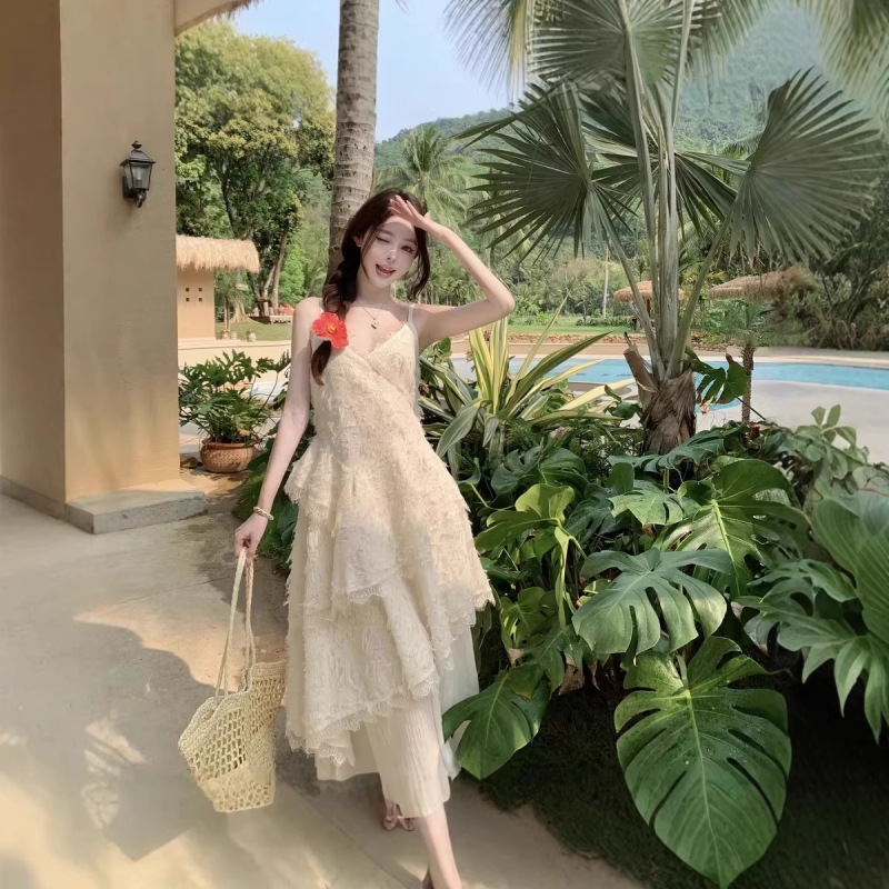 2026 Source Factory Elegant Apricot Vacation Style Multi-Layered Strap Dress for Women Summer Tassel Waist-Cinching Mid-Length