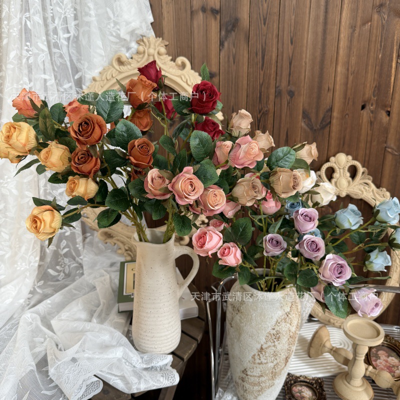 인공 꽃 장미 6 헤드 도라 장미 폭포 꽃꽂이 거실 TV 캐비닛 홈 장식 장식품