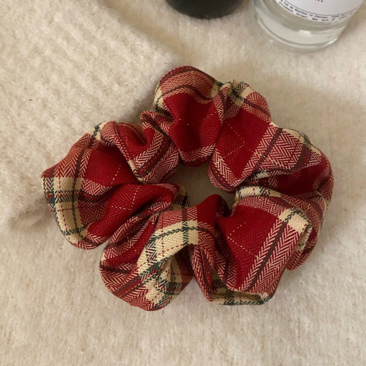 Ballet College Style New Year red plaid fabric large intestine ring French retro hair band hair rope tie ball head hair accessories_voghion.com