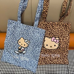 黑皮Hello Kitty全棉烫钻托特女士帆布大容量单肩包购物袋斜挎包