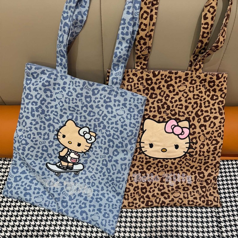 黑皮Hello Kitty全棉烫钻托特女士帆布大容量单肩包购物袋斜挎包|undefined