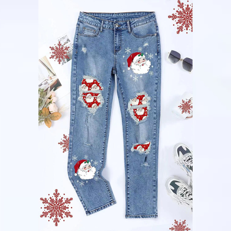 Women's winter Christmas jeans printed hole women's jeans_voghion.com