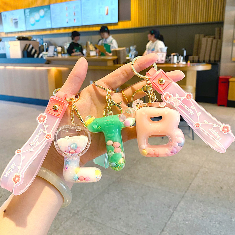 Creative Oil-Filled Letter Keychain Girly Fashion Colorful Floating Ball Pendant Couple Bag Keychain Ring