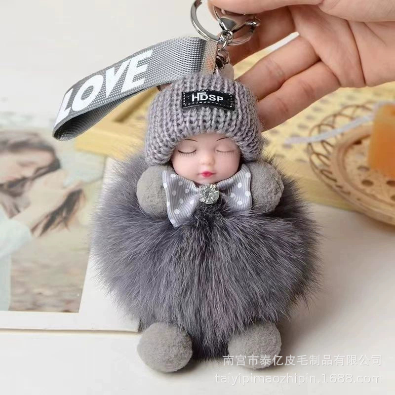 かわいいキツネの毛皮の睡眠人形ペンダント毛玉装飾バッグキーホルダーアクセサリーぬいぐるみペンダントカップルギフト|undefined