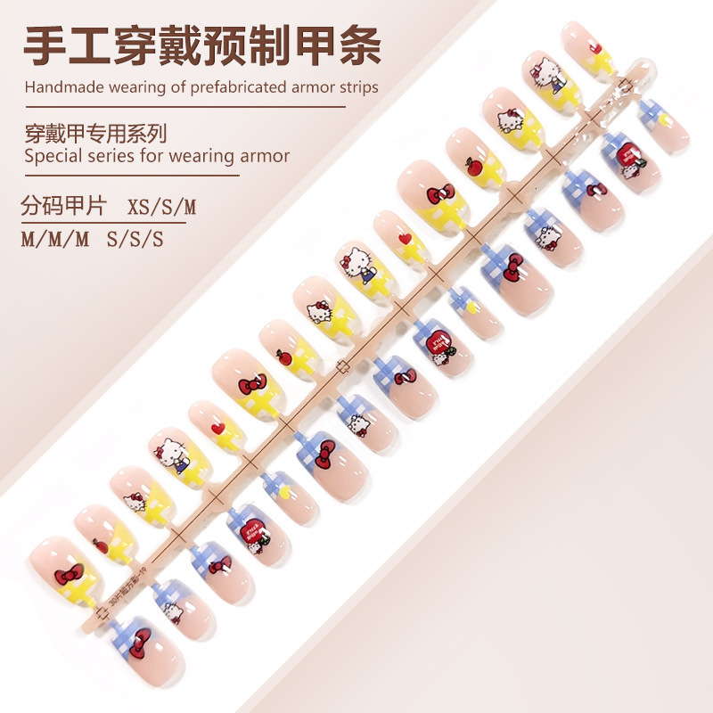 S257-Cute Kitty Cat Prefabricated Nails Finished Plaid French Short Style Cute and Sweet Style Removable Nails S257-Cute Kitty Cat Prefabricated Nails Finished Plaid French Short Style Cute and Sweet Style Removable Nails