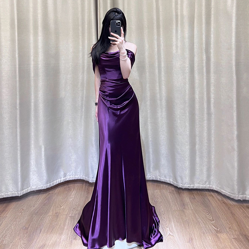 Cross-Border Evening Dress Purple Banquet Annual Party Host Dress Dress Light Luxury One-Shoulder Fishtail Dress