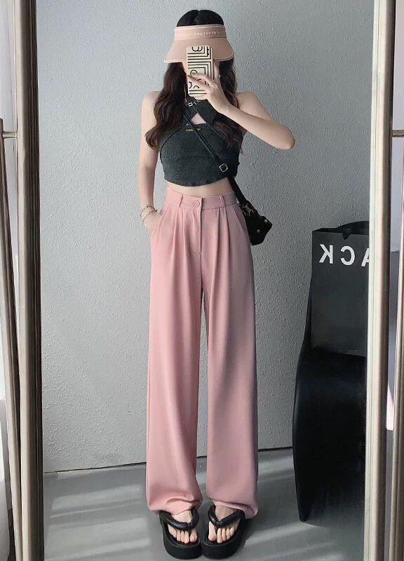 定制跨境垂感西装裤女夏季2025新款高腰显瘦宽窄休闲直筒冰丝阔腿|undefined