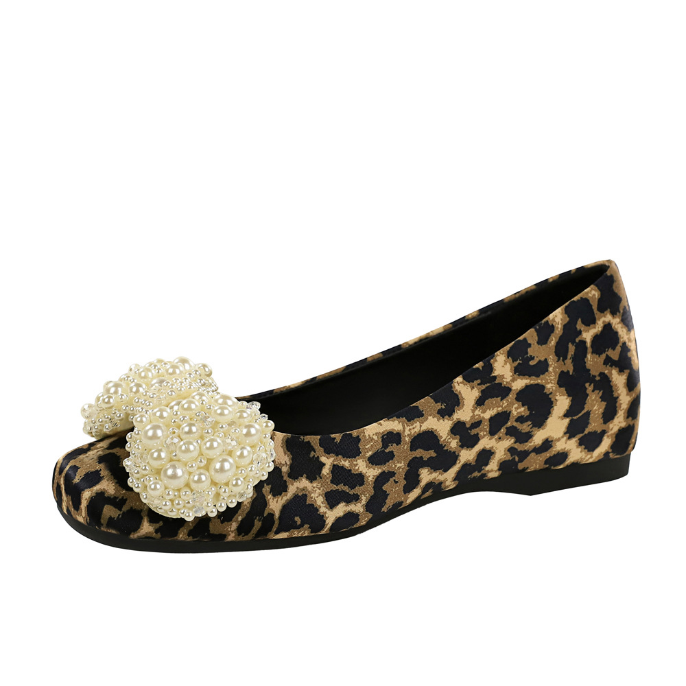 838-H160 French style temperament pearl decoration square headed leopard print silk, one foot high rise inside, single order shoes for women
