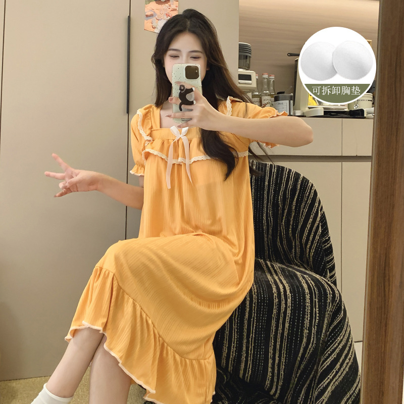 Al por mayor 2025 pijama de verano pijama de algodón princesa dulce vestido de estilo largo con cojín de pecho