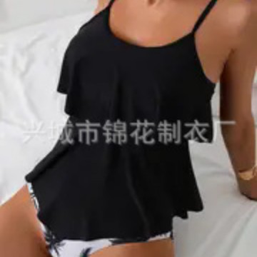 Cross-border Europe and the United States New Foreign Trade Split Printed Lotus Leaf Flying Bikini Flesh High Waist Women's Swimsuit