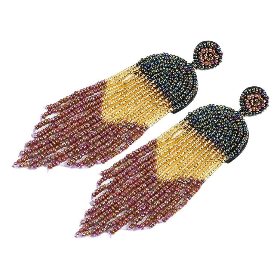 Pendientes de borla de cuentas de arroz bohemio estilo étnico retro personalidad exagerada creativa Comercio exterior pendientes hechos a mano europeos y americanos