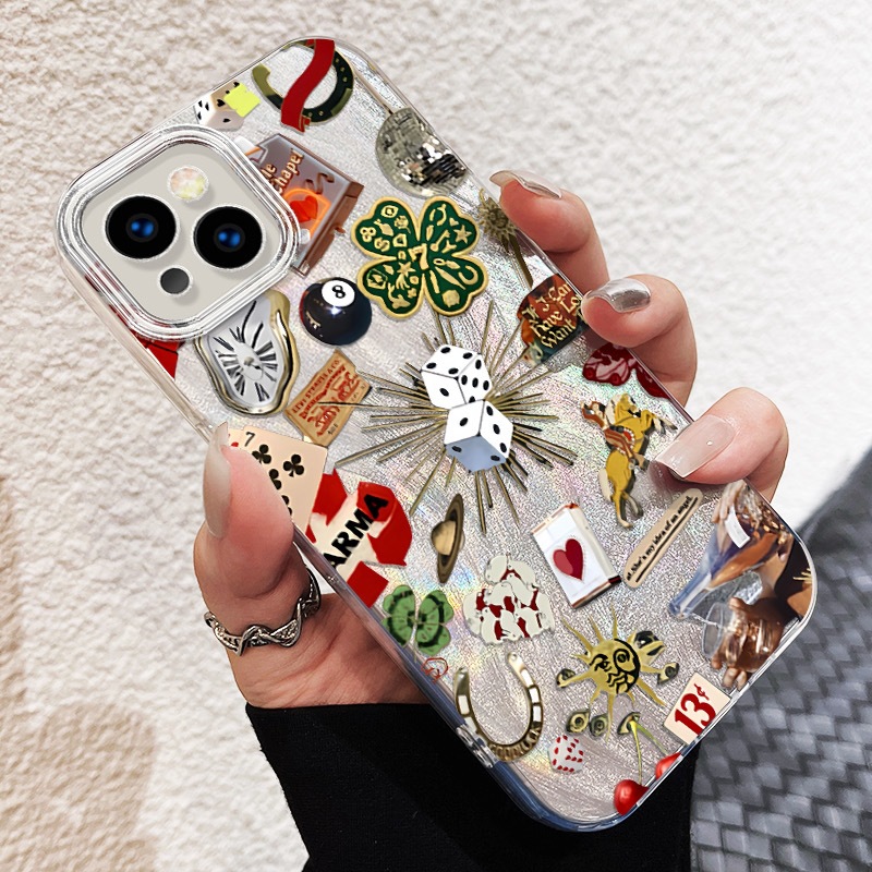 Four-Leaf Clover Dice Suitable for Apple 16Promax Mobile Phone Case 15Plus Feather Yarn 14 Stylish 13 Cross-Border 12 European and American