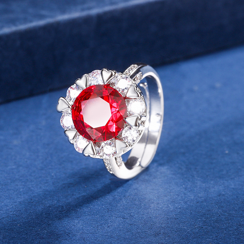 2024 nueva joyería Zhuang Shengsheng fondo de cobre chapado en oro simulación tesoro de color temperamento corindón anillo de lazo mujer 10mm