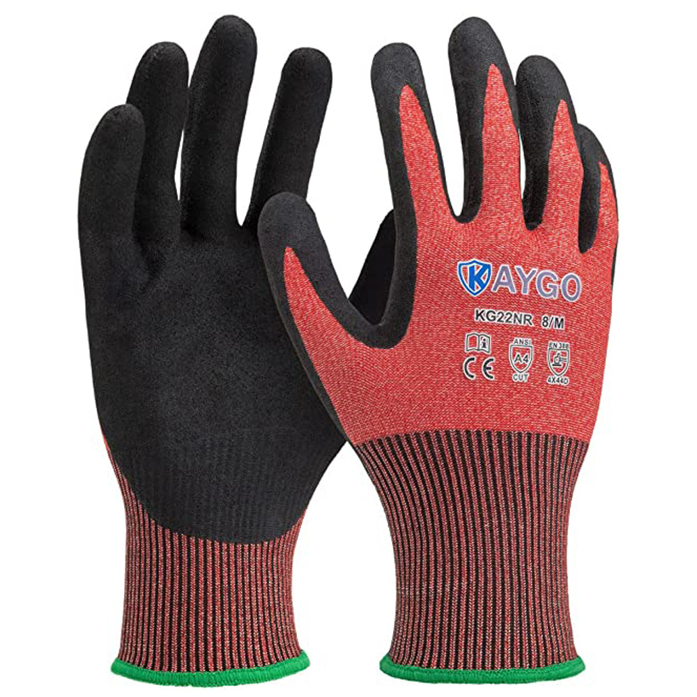 染色纱线高强高模聚乙烯丁晴磨砂涂层耐磨防滑五级防切割安全手套