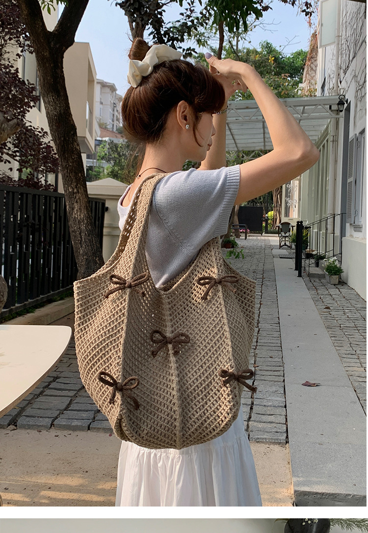 255g Weight Weave Fashion Element Open Closure Type Double Shoulder Straps Strap Type Tote Bag Bags Type Casual, Holiday Occasion Knit Material Bow Knot Pattern Spring&Summer Season Women's Gender Vacation, Beach Style Oval Shape Women's Knit Bow Knot Vacation Beach Weave Oval Open Tote Bag 7