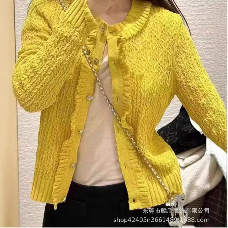 Tweed Style Spring New Pleated Lace Knitted Button Cardigan Women's Round Neck Fashionable Long-Sleeved Top Jacket