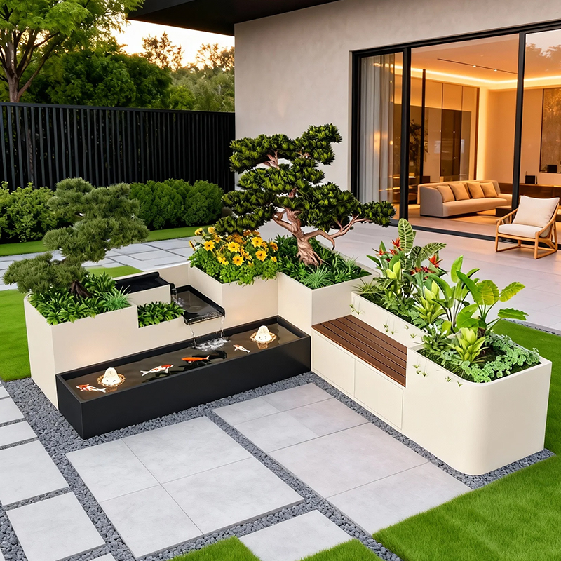 Outdoor integrated flower box and fish pond, multi-tiered cascading waterfall and fountain, finished water feature for landscaping projects