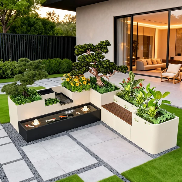 Outdoor integrated flower box and fish pond, multi-tiered cascading waterfall and fountain, finished water feature for landscaping projects