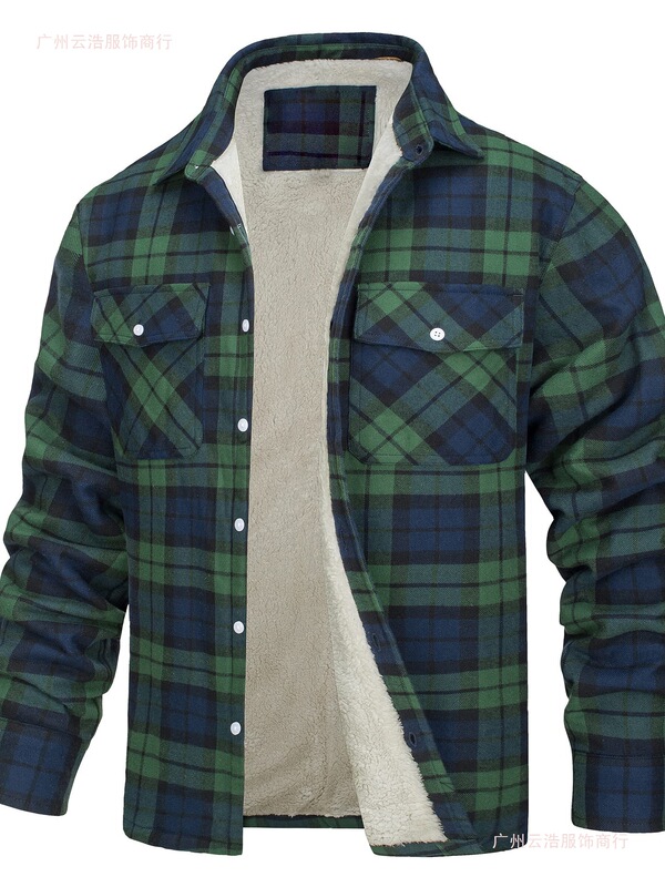 European and American Men's Clothing, Fleece-Lined Jacket, Long-Sleeved, Turn-Down Collar, Fleece-Lined, Plaid, Loose-Fitting, Warm, Casual Men's Jacket