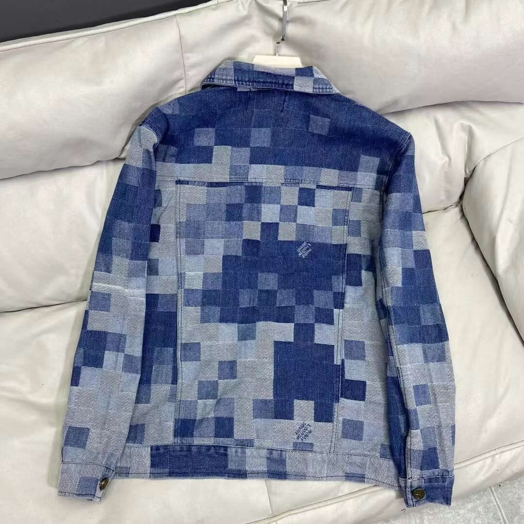 复古马赛克设计感水洗牛仔外套潮牌做旧棋盘格工装夹克男百搭潮流