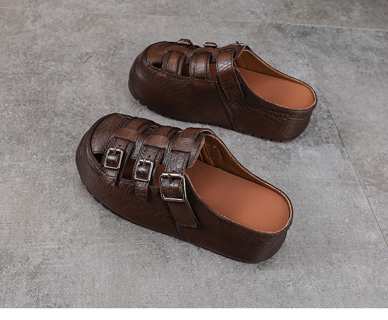 Dép sandal nữ da bò mũi kín đế dày lỗ thoáng khí — màu nâu chi tiết 15