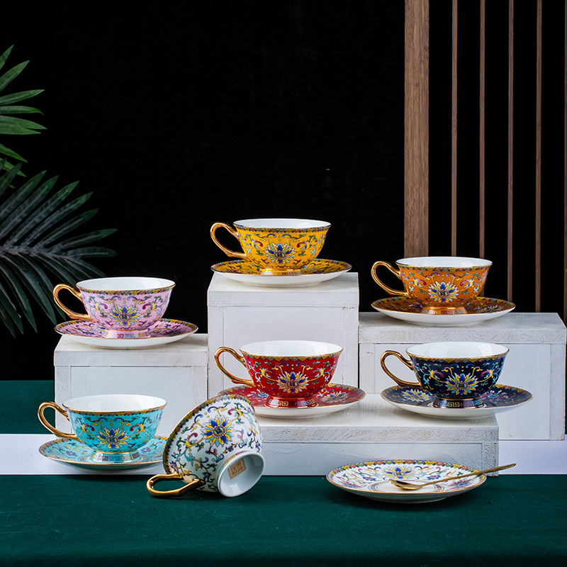 Jingdezhen Gold-Edged Entwined Branches Chinese-style Premium Coffee Cup & Saucer Set&mdash;Three-Piece Kit, Perfect for Home, Office, or as a Gift