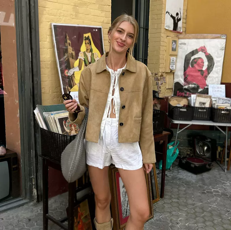 2025欧美跨境新品保暖设计感麂皮绒短款气质修身小翻领秋季外套女